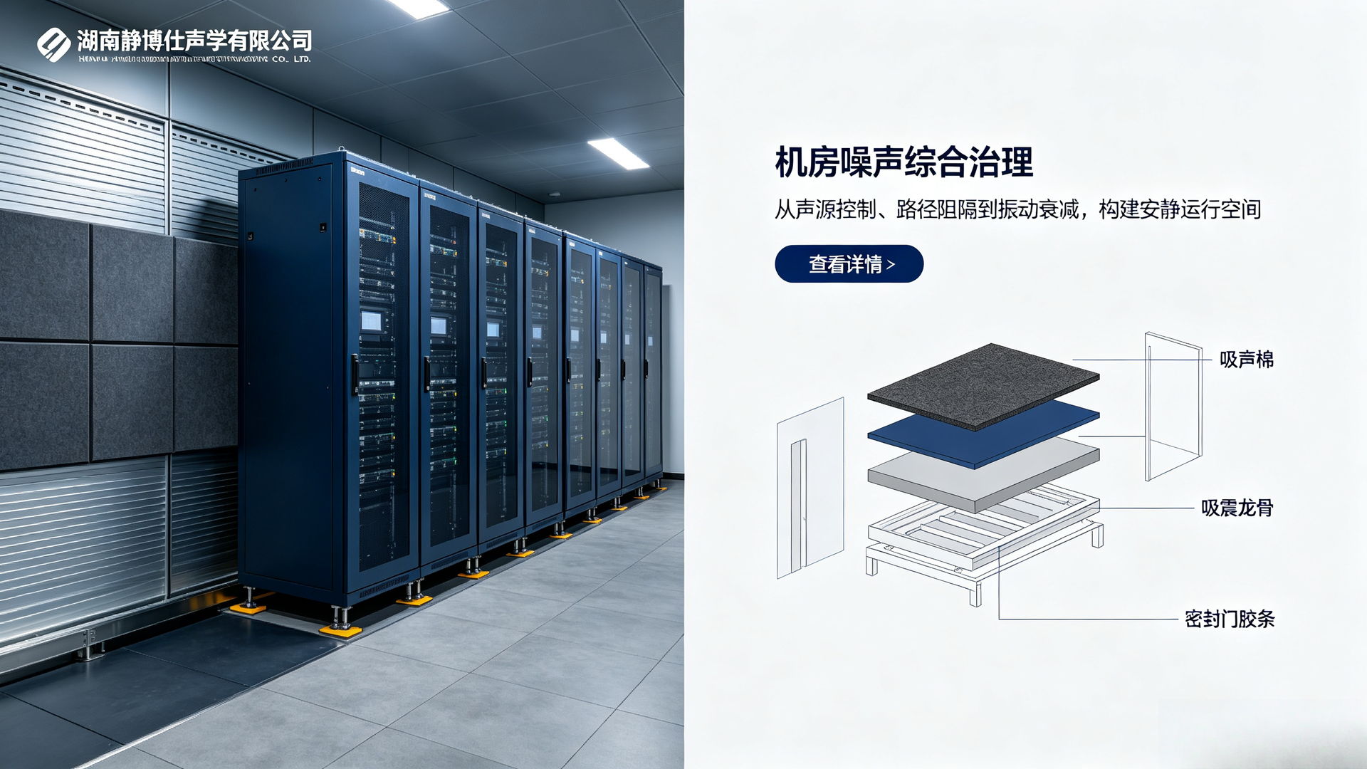 机房噪声综合治理：从声源控制、路径阻隔到振动衰减，构建安静运行空间；含吸声棉、吸震龙骨、密封门胶条构造示意